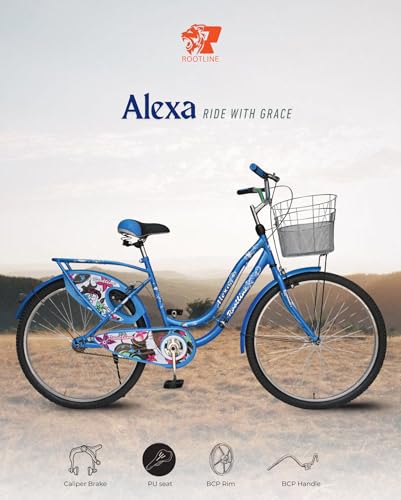 Image of ROOTLINE Alexa Dark Blue Bicycle For Girls /Women With Front Basket And Integrated Carrier | Road Bike | BCP Rim & Handle (Alexa Dark Blue), Frame Size- 18 Inch