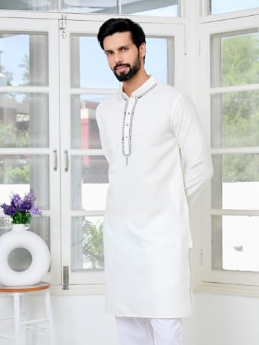 Image of See Designs Men's Full Sleeve Mandarin Collar Sequins Embroidered Chanderi Straight Long Kurta with Yoke Design - Festive Collection