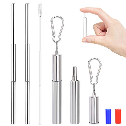 Portable Reusable Drinking Straws, WEBSUN 2 Pack Telescopic Travel Stainless Steel Drinking Straws with Keychain Cases & Cleaning Brush