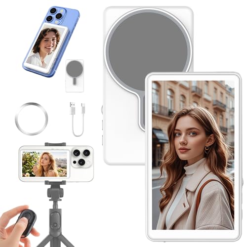 Magnetic Phone Vlog Selfie Monitor Screen for iPhone & Android, Wireless Screen Mirroring Connection with Bluetooth Remote, Using Phone Rear Camera for Selfie Vlog Live Stream TikTok YouTube White