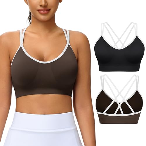 Image of VEQKING Strappy Cross Back Women Sports Bra Pack for Medium Support Workout | Removable Padded Cups, Spaghetti Strap, Comfort Seamless Wirefree, Soft Breathable Fabric, for Gym /Yoga /Pilates /Walking /Daily