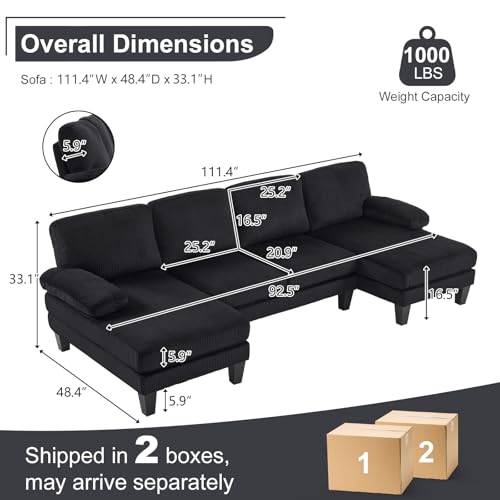 Image of Karl home Compact U-Shape Sectional Sofa Couch 111 inch 4-Seat Black | Modern, Corduroy Fabric Upholstered, Double Chaise, Wood Grain Legs for Living Room, Home Office, Apartment, Studio