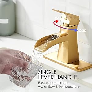 Brushed Gold Bathroom Faucet Single Hole, Modern Waterfall Bathroom Sink Faucet, Single Handle Bathroom Vanity Faucets with Pop Up Drain and 6-Inch Deck Plate, Champagne Bronze Brushed Gold Bathroom Faucet Single Hole Modern Waterfall Bathroom Sink Faucet Single Handle Bathroom Vanity Faucets with Pop Up Drain and 6 Inch Deck Plate Champagne Bronze