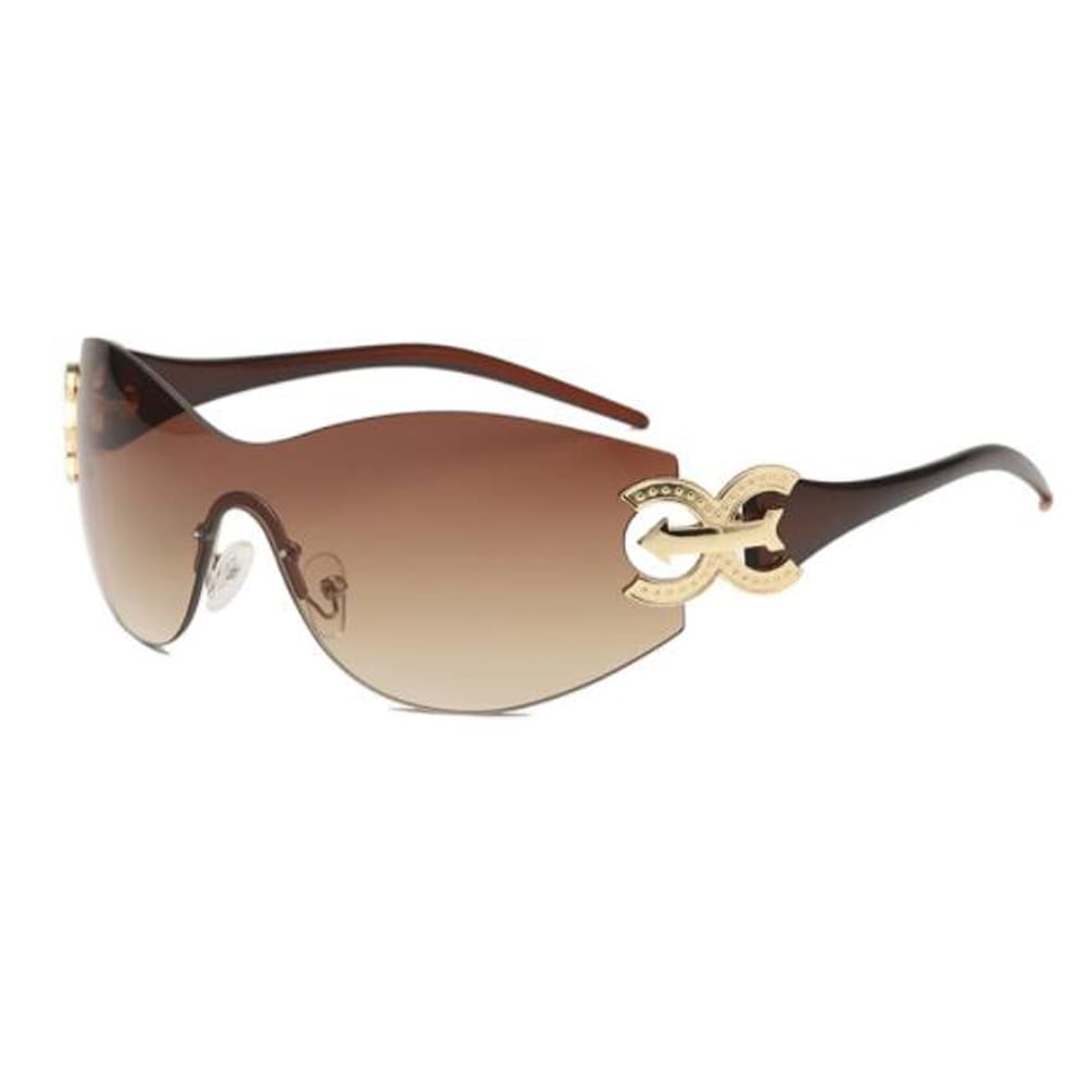 Wrap Around Y2K Sunglasses One Piece Lens UV Proof Glasses Frameless Metal Sunglasses for Men and Women Tea