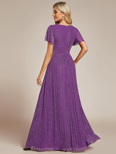 Image of Ever-Pretty Women's V-Neck Glitter Formal Dresses Pleated Short Sleeves Floor Length A-Line Mother of Bride Dress 11961
