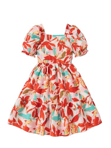 Girls Dresses Square Neck Puff Short Sleeve Floral Print Casual Dress for 8-12 Years