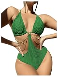 OYOANGLE Women's Chain Linked Cut Out Halter One Piece Swimsuit Tummy Control Bathing Suit Army Green Large
