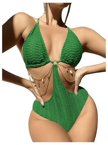 OYOANGLE Women's Chain Linked Cut Out Tummy Control One Piece Swimsuit