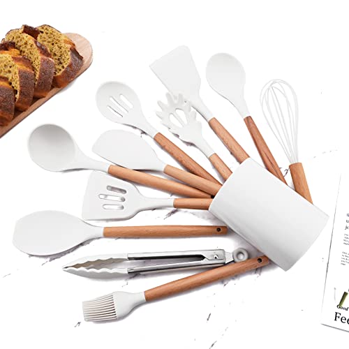 BRIIEC 12pcs Wooden Handle Silicone Kitchen Utensils Set, Non-Stick Silicone Cooking Utensils, White Spatula Set, Turner Spoon, Brush Whisk, Gadgets Tools for Cookware Baking