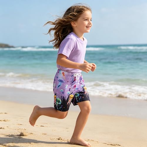 Image of AMYNICE Girls Beach Board Short with Liner Quick Dry Active Jellyfish Print | Swimming Trunks Swimsuit with Pockets Drawstring Surfing, Beach, Vacation and Holiday for Toddler Baby girl