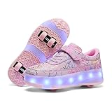 Fansu Zapatillas con Ruedas y Luces LED para Niña Niño, 2 en 1 Zapatos con Ruedas y Luces USB Calzado Zapatillas de Patines al Aire Libre Retráctil Talla 30-41 (35,688 Rosa)