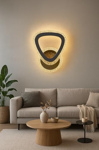 Image of Sinoman Modern Teardrop Crystal LED Wall Light Decorative Sqaure Ring Design Sconce 3 Step Adjustable Color Changing, Soft Lighting for Living Room, Bedroom, Hallway, and Home Decoration (Inbuilt Led)