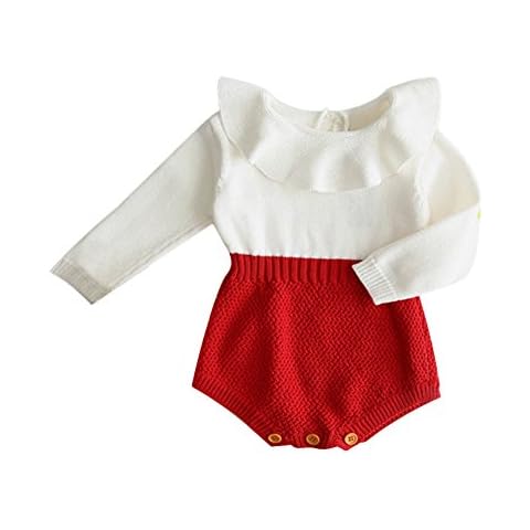 VERYC Baby Girls Knitted Jumpsuit One Piece Ruffles Long Sleeve Playsuit Romper Knitwear (White + Red, 6-12 Months) Cover