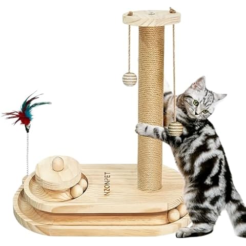 NZONPET Cat Scratching Post 16.54" Tall Scratch Post Premium Sisal Rope Scratch Posts for Kitten and Adult Cats All Natural Rope Wooden Ball Track Interactive Toy with Dangling Balls Cover
