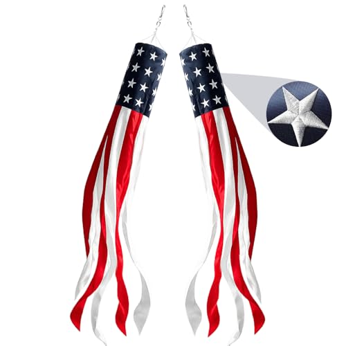 2Pieces American Windsocks 60 Inch Large Patriotic Wind Socks Embroidered Stars Fade Resistant Heavy Duty for Outside Dcor 4th of July Wind Sock Memorial Day Decoration Presidents Day