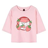 KEEVICI 90s Japanese Strawberry Milk Crop Top Cotton Pink T Shirts for Teen Girls (Pink11,M,)