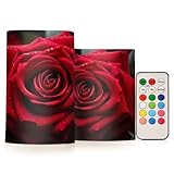 JUMBEAR Fresh Red Rose LED-Kerzen-Set, flammenlose Kerzen, 10,2 cm, 12,7 cm, Echtwachs-Batterie-Kerzensäulen, Fernbedienung mit 18 Tasten, 24-Stunden-Timer-Funktion, 2 Stück