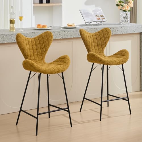 DAYALANE Lot de 2 Tabourets de Bar en Chenille Moderne Tabourets Hauts avec Pieds en Métal Chaises de Bar avec Dossier Unique pour Cuisine, Jaune