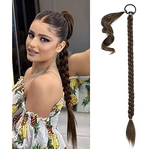 Long Braided Ponytail Extension with Hair Tie, Straight Wrap Around Brown Hair Extensions Pony Tail DIY Natural Soft Synthetic Hairpiece for Women Cover