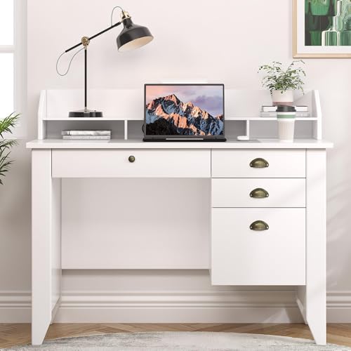 4 EVER WINNER White Desk with Drawers, Small Desk with