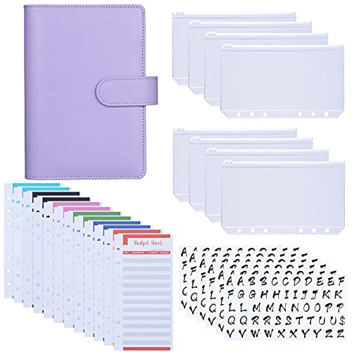 Antner A6 PU Leather Binder Cover with 8PCS A6 Binder Pockets, 12PCS Expense Budget Sheets, 6PCS 26 Categories Letter Sticker Labels, 6-Ring Budget Binder Money Saving Cash Envelopes System, Purple
