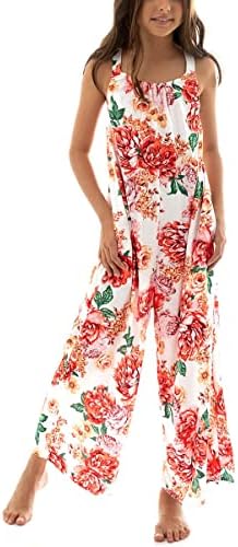 rrhss Girls Floral Backless Maxi Jumpsuit Teen Wide Leg Rompers Kids Summer Casual Boho Overalls Pants