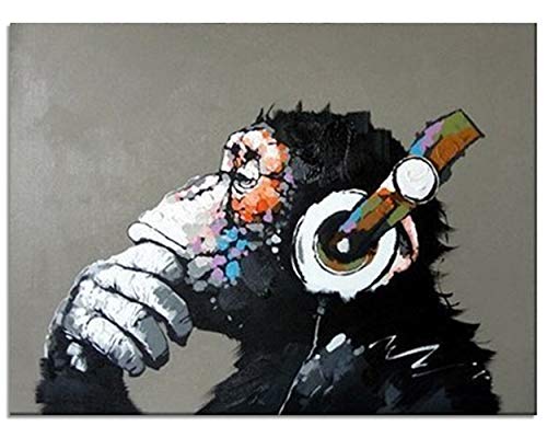 TutuBeer Gorilla Monkey Music Oil Painting 100% Hand-Painted Monkey Canvas Wall Art for Home Decor Music Paintings Wall Decor Monkey Oil on Canvas for Wall Decoration Stretched and Framed 33X33 Inch