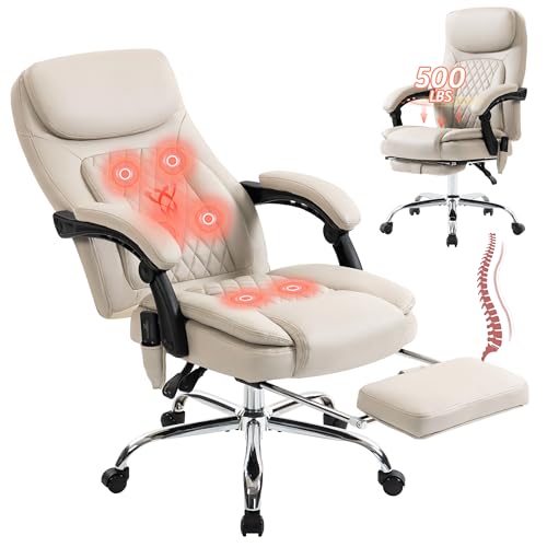 Image of 500LBS Massage Office Chair, Reclining 6 Points Vibration and Heat Desk Chair with Foot Rest, Ergonomic Executive Office Chairs, Comfy Wider & Thicker Seat, Big and Tall Gaming Chair, PU Leather Beige