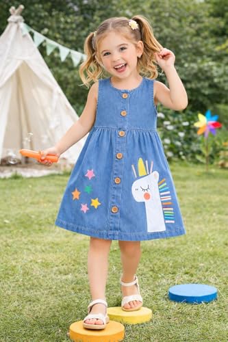 Image of HILEELANG Toddler Little Girl Summer Dress Sleeveless Cotton Casual Flower Shirt Playwear Jumper Skirt Sundress