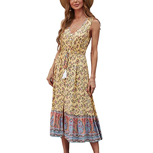 Image of BROVAVE Women Summer Bohemian Floral Print V Neck Sleeveless Sundress Flowy Casual Midi Dress