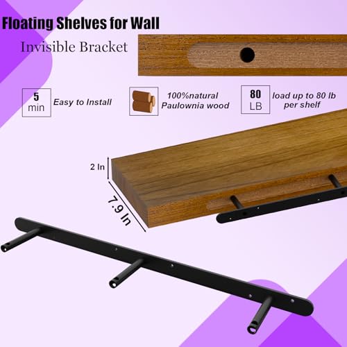 Image of IAE Walnut Floating Wall Shelves 72 inch, Bathroom Shelf Wall Mounted,Invisible Shelf Floating Kitchen Shelving,Wooden Wall Shelves with Brackets for Living Room Wall Mounted,Easy Install,Set of 2