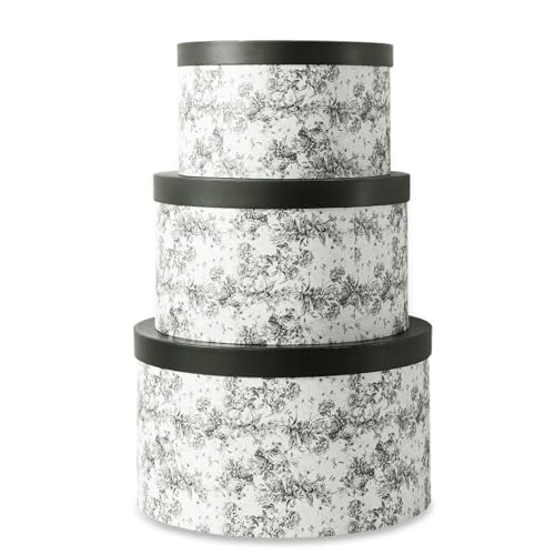 Soul & Lane Floral Hat Round Boxes with Lids, Set of 3 Nesting Cardboard Hat Storage, Large Black Print Cases, Stacking Round Decorative Keepsake Boxes for Organizing