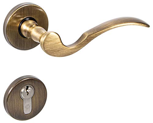 JUVA Türgriff Zimmertür Rosetten-Garnitur Vintage Türbeschlag Antik Messing brüniert - Löffel | PZ - Profilzylinder | Türklinke für Türstärke 35  47 mm | 1 Set Türgarnitur inkl. Befestigungsmaterial