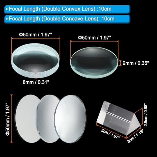 Image of PATIKIL Optical Lens 1 Set, 6 Pcs Double Convex Lens Double Concave Lens Prism Lens Convex Mirror Concave Mirror Plane Mirror for Physics Teaching, Clear