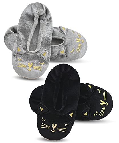 DICUIRD Womens Animal Soft Sole Slipper with Grippers-Ballerina/Ballet Style House Cat Slippers 2 Pairs(Black&Silver cat,5-7.5)