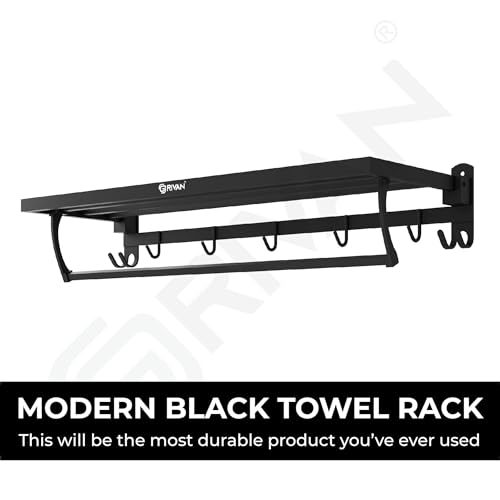Image of GRIVAN Stainless Steel Towel Holder for Bathroom, 24-inch Bathroom Towel Hanger for Wall with Hooks - Towel Stand in Bathroom (Matte Black Finish)