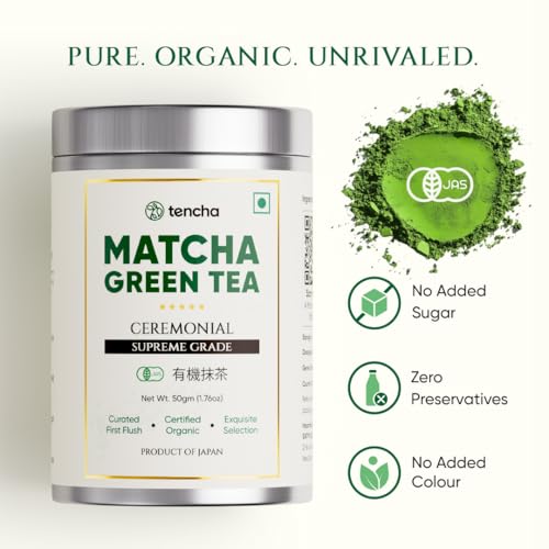 Tencha- Ceremonial Supreme Grade Matcha Tea | JAS Certified Organic | 100% Pure Supreme Grade | Japanese Matcha Green Tea Powder | Smooth and Sweet Flavour | Vegan | 50gms