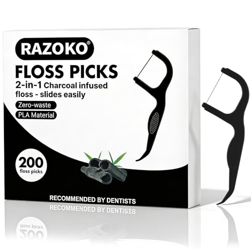 Natural Dental Floss Picks High Toughness Charcoal Toothpicks Sticks-Vegan,Eco-Friendly Sustainable Flossers for Teeth Cleaning (200 Count)