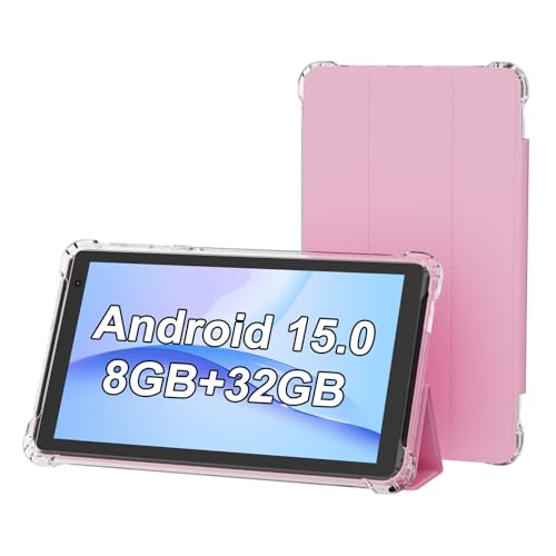 PEICHENG Tablet com capa protetora, 17.8 cm IPS 1024 * 600 Android 15.0 Tab PC RAM 8GB (3+5Expand)+ROM 32GB Bluetooth 5.0 WiFi6 2.4G 5G 2MP 5MP Câmeras duplas (rosa)