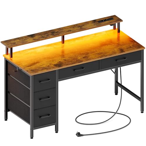 Seventable Bureau Gaming 120 cm avec LED RGB, Prises & Ports USB, Support Écran — Bureau avec Rangement et 5 Tiroirs en Tissu, Bureau Informatique pour Chambre ou Télétravail – Chêne Vintage