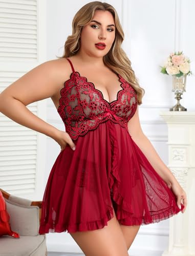 Image of Avidlove Plus Size Lingerie for Women Sexy Lingerie Dress Lace Babydoll Lingerie V-Neck Open Front Strap Nightdress