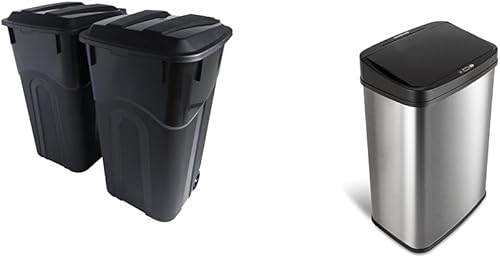 Miniatura 29 de United Solutions Bote de basura para exteriores de 32 galones, color negro, fácil de transportar con construcción resistente, asas de paso y tapa