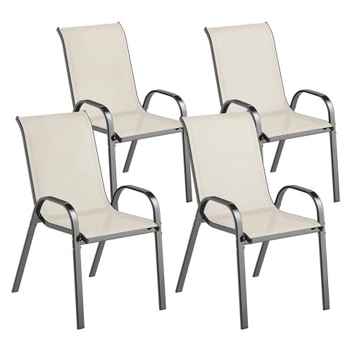 Outsunny Juego de 4 Sillas de Jardín Exterior, Sillas Terraza Exterior Apilables, Sillas de Jardín con Tela Transpirable, Marco de Acero, Reposabrazos y Respaldo, 54x71x93 cm, Beige y Negro