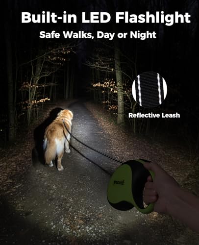 pecute Hundeleine 5m, Rollleine für Hunde mit LED-Licht, 360° Verknotungsfreier verlängerter Leine, Wiederaufladbarem, Rutschfestem Griff und Schnellbremsknopf, für Große bis zu 50 kg Gewicht