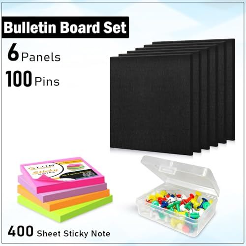 Image of GLUN 6 Piece Black Felt Bulletin Board 30x30 cm, Self Adhesive Notice Board Tiles for Wall | 100 Push Pins + 400 Sheets Sticky Notes | Pin Board for Home, Office, School & Study Room