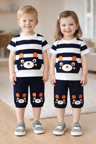 Image of Bold N Elegant Cotton Cute Cartoon Printed Half Sleeve T-Shirt And Shorts Clothing Set For Infant Toddler Baby Boy Girl