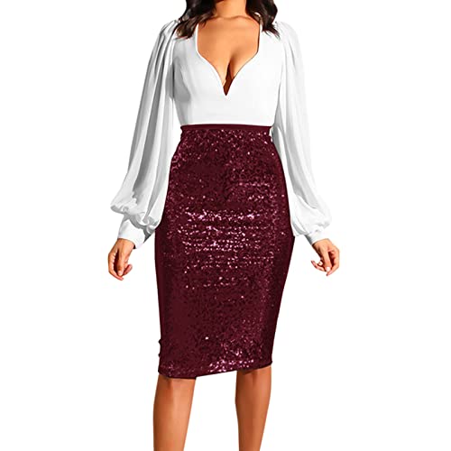 Falda de tubo para mujer, cintura alta, delgada, casual, de medio cuerpo, falda y falda para mujer, Vino, L