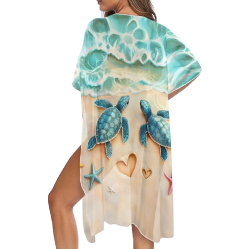 STUOARTE Sea Turtle Beach Print Women Swimsuit Cover Up Kimono Cardigan Bathing Suit Cover Ups Loose Fit Bikini Swimwear Coverups for Summer Beach Vacation