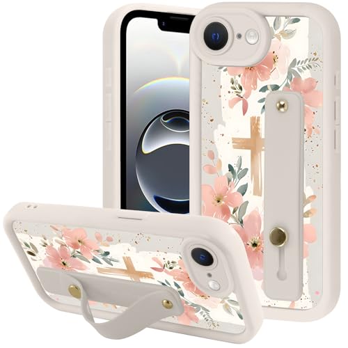 Coque iPhone 16e silicone antichoc avec croix chrétienne et dragonne blanche