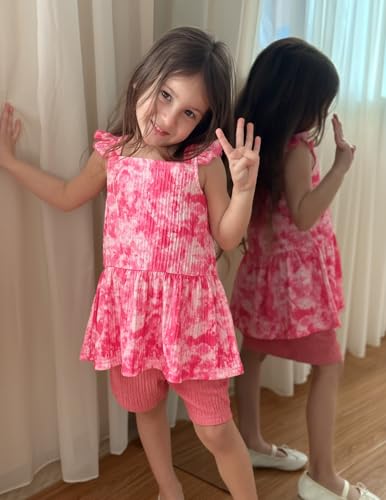 Image of Arshiner Toddler Girl Clothes 2 Piece Summer Outfit Ruffle Sleeveless Top and Shorts Set with Pockets 2-7Y
